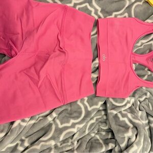 ALO Yoga Hot Pink Ribbed Seamless Sports Bra and Shorts Set